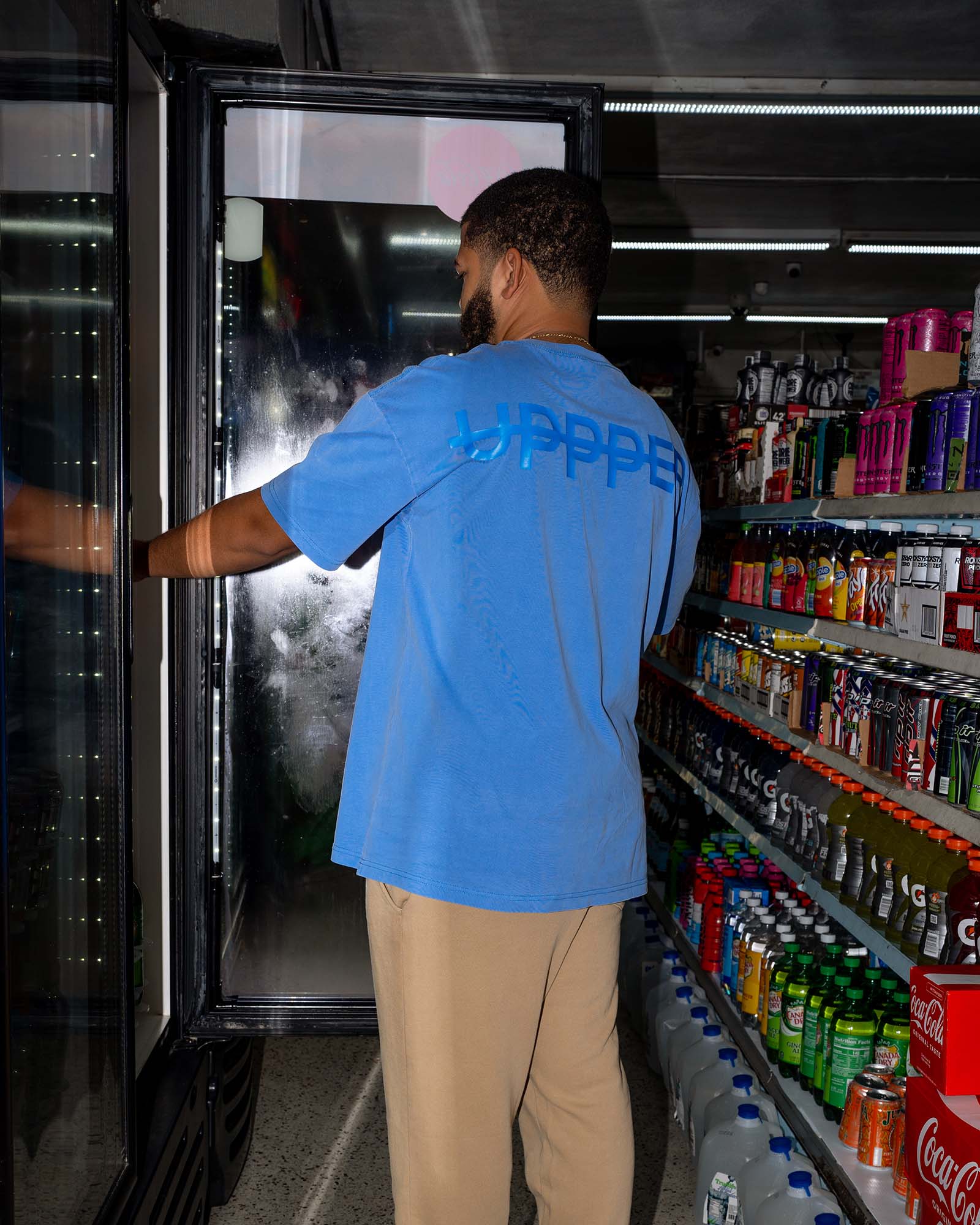 john wearing uppper core t-shirt in washed blue